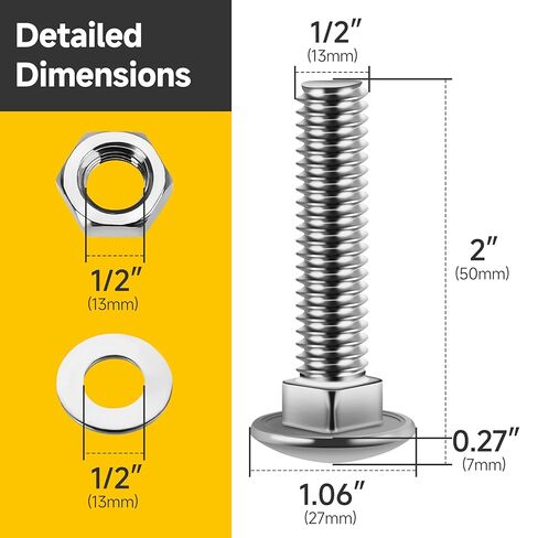 Mywish (8 Sets) 1/2-13 x 2 Carriage Bolts Screws Round Head Square Neck and Hex Nuts & Flat Washers, Full Threaded 304 Stainless Steel Bright Finish 1/2 Bolts in Saudi Arabia