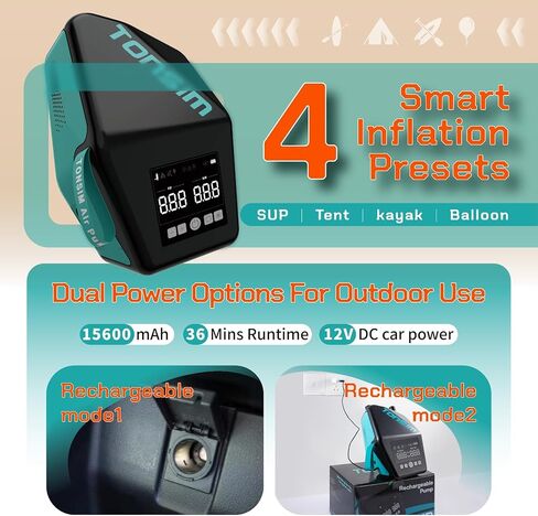 مضخة لوح التجديف الكهربائية Tonsim 20 رطل لكل بوصة مربعة، مضخة SUP قابلة لإعادة الشحن مع 4 أوضاع، نفخ وتفريغ مزدوج المرحلة، موصل سيارة 12 فولت تيار مستمر، إيقاف تلقائي لألواح التجديف، قوارب الكاياك والخيام، أسود in Kuwait