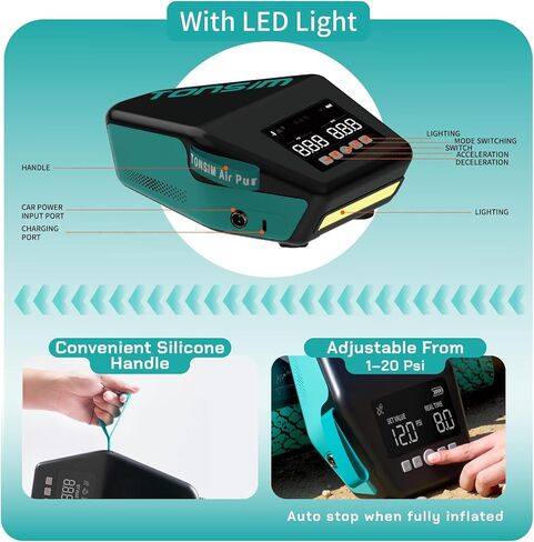 مضخة لوح التجديف الكهربائية Tonsim 20 رطل لكل بوصة مربعة، مضخة SUP قابلة لإعادة الشحن مع 4 أوضاع، نفخ وتفريغ مزدوج المرحلة، موصل سيارة 12 فولت تيار مستمر، إيقاف تلقائي لألواح التجديف، قوارب الكاياك والخيام، أسود in Kuwait