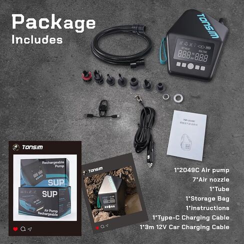 مضخة لوح التجديف الكهربائية Tonsim 20 رطل لكل بوصة مربعة، مضخة SUP قابلة لإعادة الشحن مع 4 أوضاع، نفخ وتفريغ مزدوج المرحلة، موصل سيارة 12 فولت تيار مستمر، إيقاف تلقائي لألواح التجديف، قوارب الكاياك والخيام، أسود in Kuwait