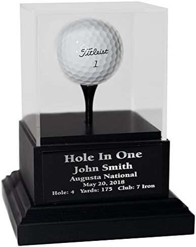 Acrylic Hole in One Golf Ball Display with Wood Base | Includes Engraved Plate | Cherry or Black Base | Removable Top | Made in The USA in Saudi Arabia