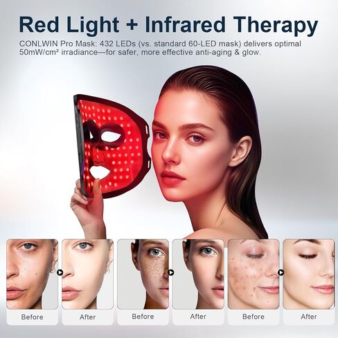 Red Light Therapy Mask for Face, 8 Modes 5 Intensities Red Light Mask with 850nm Infrared & 432 LEDs, 2000mAh Rechargeable Portable LED Face Mask Light Therapy with Timer, at Home in Kuwait