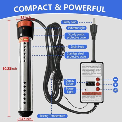 سخان مياه غمر-304 سخان مياه محمول من الفولاذ المقاوم للصدأ المدمج في طاقة السيارات ، ترموستات ، سخان الساخن المضاد للاحتفال ، سخان دلو مراقبة درجة الحرارة للتخييم المنزلي RV in Kuwait