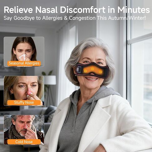 قناع أنف لاسلكي مُسخن لبيئات الهواء الجاف والتيار المتردد، 16 خرزة ضوء أحمر، 3 مستويات للحرارة، قابل لإعادة الشحن عبر USB، غطاء أنف محمول للسفر والراحة اليومية in Kuwait