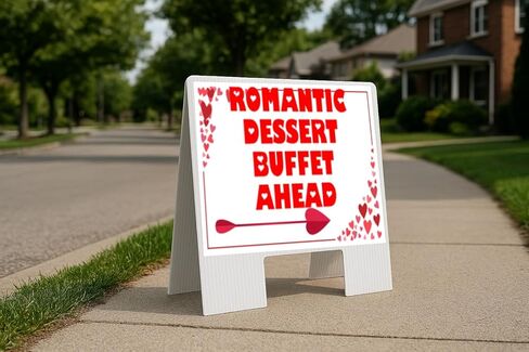 Romantic Dessert Buffet Ahead Red Frame With Hearts Up Arrows A-Frame Single Sided 23x23 in. sign in Saudi Arabia