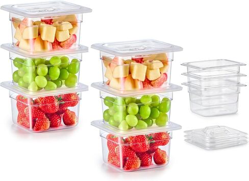 عبوة من 6 أوعية طعام بلاستيكية مع أغطية مدرجة في قائمة NSF من Wilprep، مقاس 1/6 مقاس 4 في حاويات تخزين طعام شفافة عميقة، فندق تجاري من البولي كربونات قابل للتكديس سعة 1.8 لتر للفواكه والخضروات والفاصوليا والذرة in Kuwait