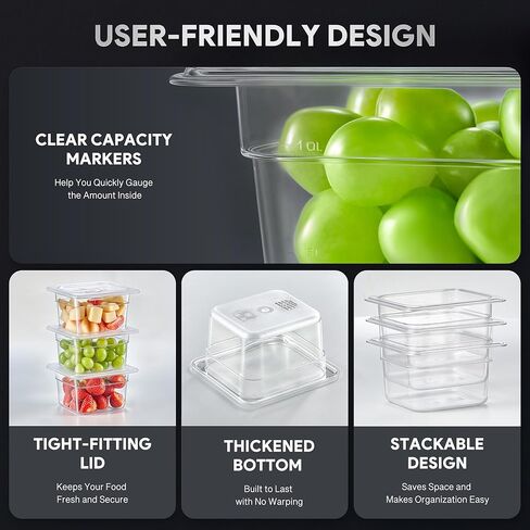 عبوة من 6 أوعية طعام بلاستيكية مع أغطية مدرجة في قائمة NSF من Wilprep، مقاس 1/6 مقاس 4 في حاويات تخزين طعام شفافة عميقة، فندق تجاري من البولي كربونات قابل للتكديس سعة 1.8 لتر للفواكه والخضروات والفاصوليا والذرة in Kuwait