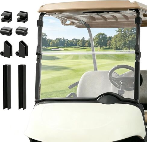 الزجاج الأمامي EZGO RXV شفاف مناسب لعربة الجولف 2018-UP، استبدال الزجاج الأمامي القابل للطي RXV مع مشابك الزجاج الأمامي، مقاوم للأشعة فوق البنفسجية PC in Kuwait