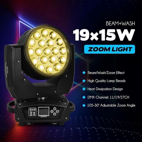 19x15 واط شعاع التكبير غسل ضوء الرأس المتحرك لتأثير إضاءة المسرح مع RGBW 4in1 LED والتحكم Dmx ديسكو وملهى ليلي (1 حزمة) in Kuwait