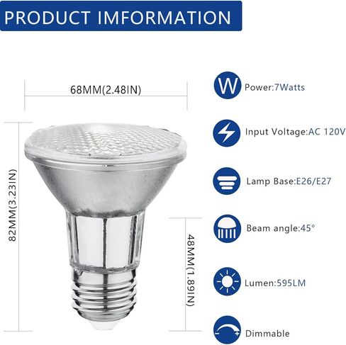 PAR20 7W LED Range Hood Light,E26 120V Dimmable Warm White 595lm, Waterproof IP65, Replacement 50W Halogen Cup. Spot Bulbs for Kitchen Appliances, Track Lighting, Outdoor Landscaping 2 Pack in Kuwait