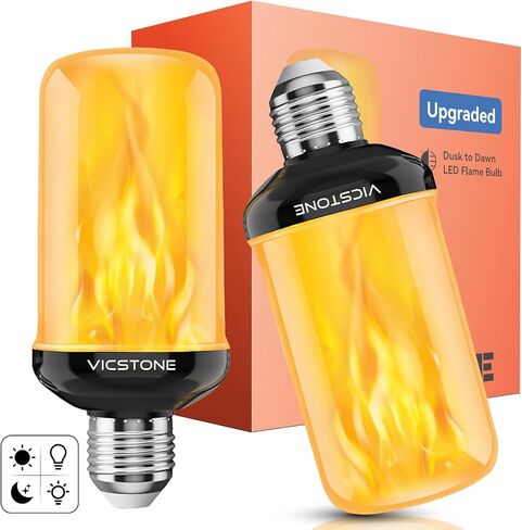 vicstone الغسق إلى الفجر أدى مصابيح اللهب في الهواء الطلق، 4 أوضاع المصابيح الخفقان مع تأثير رأسا على عقب، لمبة النار e26 لجميع القديسين عيد الميلاد حزب فناء الشرفة ديكورات المنزل الداخلي - 2 in Kuwait