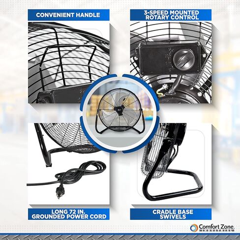 مروحة أرضية صناعية عالية السرعة مقاس 18 بوصة من Comfort Zone، مروحة متجر معدنية شديدة التحمل بثلاث سرعات مع مقبض قابل للإمالة والحمل بزاوية 180 درجة، تبريد هادئ خالٍ من الاهتزاز للمرآب وورش العمل والمنزل in Kuwait