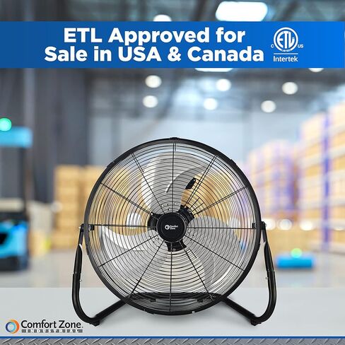 مروحة أرضية صناعية عالية السرعة مقاس 18 بوصة من Comfort Zone، مروحة متجر معدنية شديدة التحمل بثلاث سرعات مع مقبض قابل للإمالة والحمل بزاوية 180 درجة، تبريد هادئ خالٍ من الاهتزاز للمرآب وورش العمل والمنزل in Kuwait