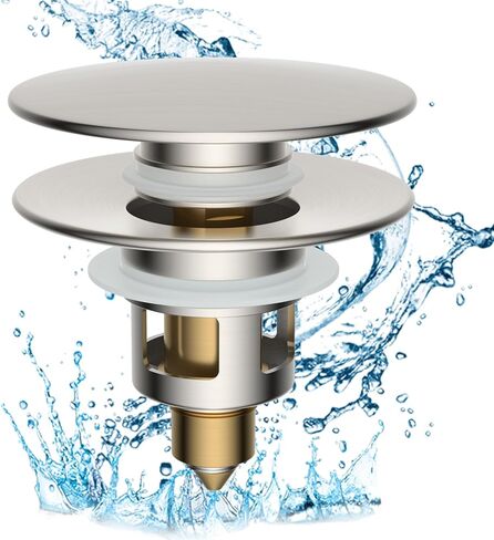 Hibbent All Metal 2 in 1 Bathroom Sink Stopper, Universal Pop Up Drain Strainer, Brass Bullet Core Push Type Sink Stopper for 1.1''~2.3'' Basin, Big Push Button, Anti Clogging Filter, Brushed Nickel in Saudi Arabia