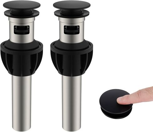 Hibbent 2 Pack Universal Bathroom Sink Drain Stopper, Pop Up Drain Strainer with Overflow, Push and Seal Sink Plug with Basket for Lavatory Vanity Vessel, Anti-Clogging Strainer, Matte Black in Saudi Arabia