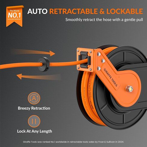 أدوات الزرافة بكرة خرطوم الهواء القابلة للسحب على الحائط 3/8 بوصة × 50 قدم خرطوم هجين، ضاغط هواء بكرة فولاذية شديدة التحمل ترجيع تلقائي 300 رطل لكل بوصة مربعة، 50 قدم، تانجيلو in Kuwait