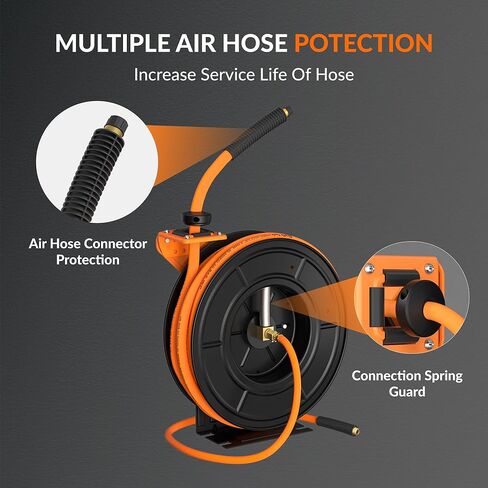 أدوات الزرافة بكرة خرطوم الهواء القابلة للسحب على الحائط 3/8 بوصة × 50 قدم خرطوم هجين، ضاغط هواء بكرة فولاذية شديدة التحمل ترجيع تلقائي 300 رطل لكل بوصة مربعة، 50 قدم، تانجيلو in Kuwait