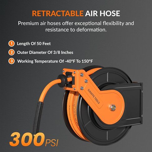 أدوات الزرافة بكرة خرطوم الهواء القابلة للسحب على الحائط 3/8 بوصة × 50 قدم خرطوم هجين، ضاغط هواء بكرة فولاذية شديدة التحمل ترجيع تلقائي 300 رطل لكل بوصة مربعة، 50 قدم، تانجيلو in Kuwait