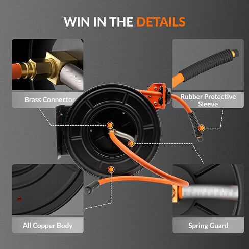 أدوات الزرافة بكرة خرطوم الهواء القابلة للسحب على الحائط 3/8 بوصة × 50 قدم خرطوم هجين، ضاغط هواء بكرة فولاذية شديدة التحمل ترجيع تلقائي 300 رطل لكل بوصة مربعة، 50 قدم، تانجيلو in Kuwait