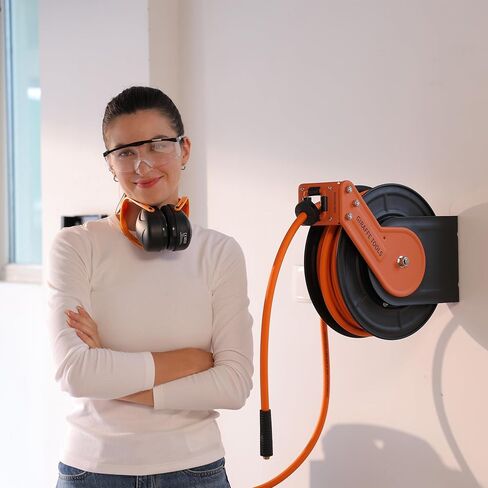 أدوات الزرافة بكرة خرطوم الهواء القابلة للسحب على الحائط 3/8 بوصة × 50 قدم خرطوم هجين، ضاغط هواء بكرة فولاذية شديدة التحمل ترجيع تلقائي 300 رطل لكل بوصة مربعة، 50 قدم، تانجيلو in Kuwait