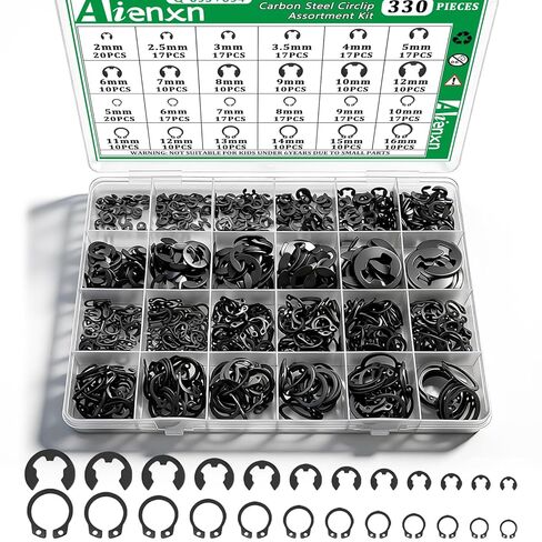 330PCS Snap Rings Kit Kit ، e Clips Kefortment Kit (2mm-12mm) و C Clips Kit (5mm-16mm) ، 24 أحجام خارجيات خارجيات محفوظة الكربون Circlip Snap Ring Kit in Saudi Arabia