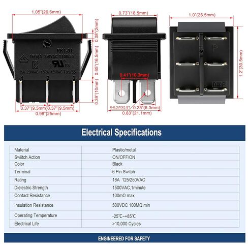 مفتاح الروك ON-OFF-ON DPDT 6 محطات 16A 250VAC أسود 2 حزمة in Saudi Arabia