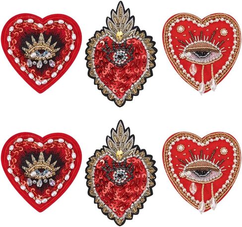 INFUNLY 3PCS Evil Eyes Heart Bead Patch Vintage Rhinestone Patch Sew On Evil Eyes Embroidered Patch Black/White/Red Sparkling Red Love Applique for Clothing Jeans Jackets Handbag Shoes in Saudi Arabia