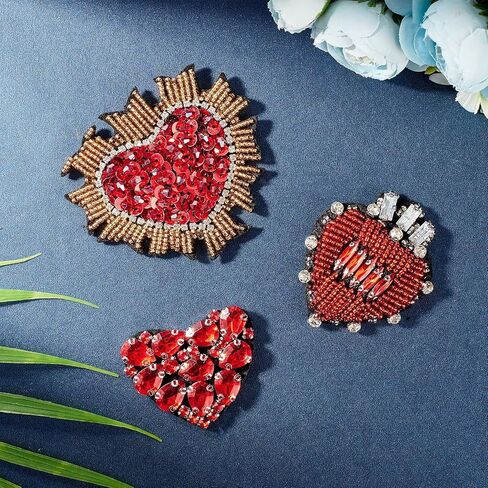 INFUNLY 3PCS Evil Eyes Heart Bead Patch Vintage Rhinestone Patch Sew On Evil Eyes Embroidered Patch Black/White/Red Sparkling Red Love Applique for Clothing Jeans Jackets Handbag Shoes in Saudi Arabia