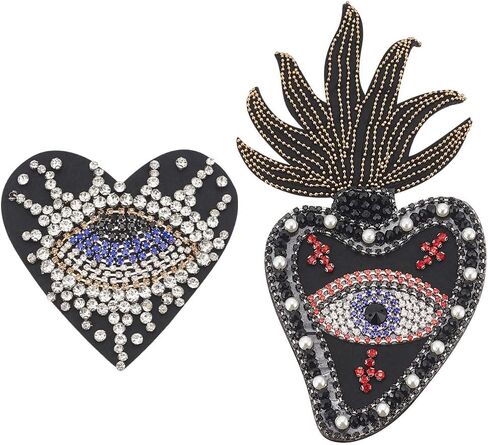 INFUNLY 3PCS Evil Eyes Heart Bead Patch Vintage Rhinestone Patch Sew On Evil Eyes Embroidered Patch Black/White/Red Sparkling Red Love Applique for Clothing Jeans Jackets Handbag Shoes in Saudi Arabia