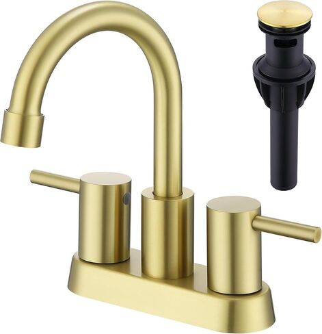 Brushed Gold Bathroom Faucet 2 or 3 Hole, 2 Handle 4 Inch Centerset Stainless Steel Bathroom Sink Faucet with Pop up Drain and Supply Lines, Gold Faucet for Restroom, Vanity, Rv, AML-21501-BG in Saudi Arabia