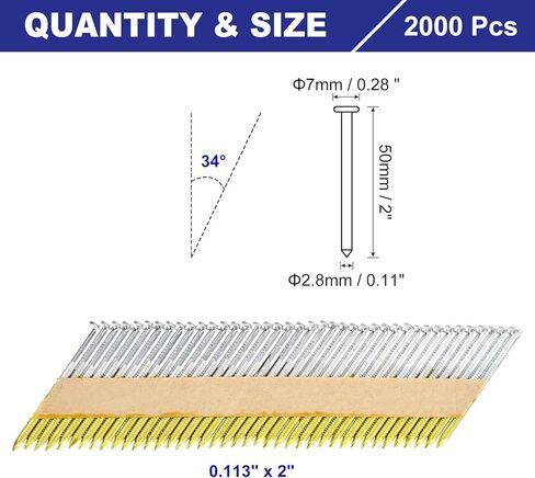 uxcell 2000Pcs 34 Degree 0.113" x 2" Framing Nails, Galvanized Carbon Steel Paper Collated Nails for Furniture/Constructions, Color Zinc in Saudi Arabia