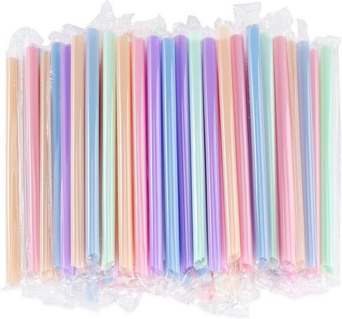 [ملفوفة بشكل فردي] شفاطات سموثي بوبا البلاستيكية للاستعمال مرة واحدة - شفاطات ضخمة ملونة بطول 9.45 سم وعرض 0.43 سم لمخفوق الحليب والشاي الفقاعي وعصير الليمون والحليب والقهوة، 100 قطعة in Kuwait