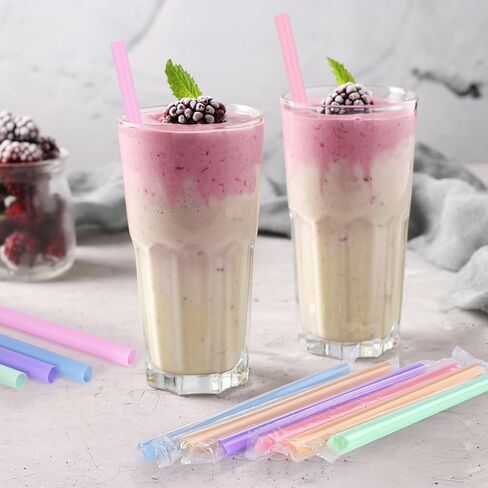 [ملفوفة بشكل فردي] شفاطات سموثي بوبا البلاستيكية للاستعمال مرة واحدة - شفاطات ضخمة ملونة بطول 9.45 سم وعرض 0.43 سم لمخفوق الحليب والشاي الفقاعي وعصير الليمون والحليب والقهوة، 100 قطعة in Kuwait