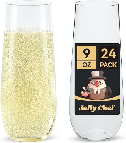 JOLLY CHEF 48 Pack Stemless Plastic Champagne Flutes 9 oz, Crystal Clear Stemless Plastic Toasting Glasses, Clear Disposable Unbreakable Drinkware Ideal for Wedding, Birthday, Party, Thanksgiving in Saudi Arabia