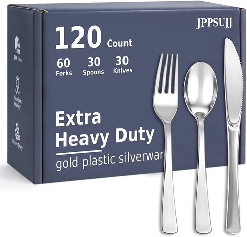 120 Count Heavy Duty Gold Plastic Silverware, Gold Silverware Disposable Set, 60 Forks, 30 Spoons, 30 Knives, Disposable Utensils for Weddings, Parties, Dinners and Daily Use in Kuwait