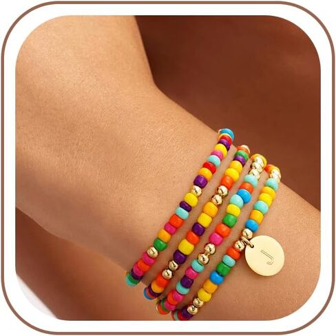4PCS Colorful Beaded Initial Bracelets for Women Girls - Cute Stretch Beaded Bohemian Disc Initial A-Z Stackable Bracelets Jewelry Birthday Gifts for Women Teen Girls in Kuwait