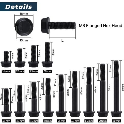 10 مجموعات M8-1.25 × 40 مم مسمار سداسي شفة مع صواميل شفة ومجموعة متنوعة من غسالات مسطحة وقفل، 10.9 درجة من سبائك الصلب، مسننة، لمشاريع إصلاح السيارات والآلات، جلفانر in Kuwait
