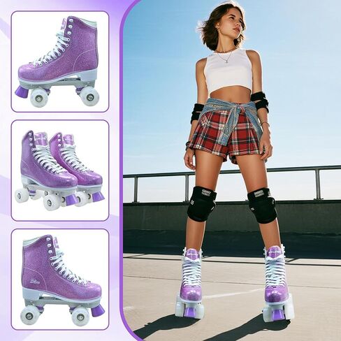 Roller Skate for Women, High-Top PU Leather Quad Skates for Beginner, Shiny Double-Row Rollerskates for Girls Ages 8-60 Outdoor and Indoor in Saudi Arabia