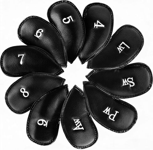 مجموعة أغطية رأس حديد الجولف من الجلد الصناعي الفاخر 10 قطع، أغطية رأس نادي الجولف المتينة باللون الأسود، ملصقات مطرزة من جانب واحد غطاء نادي الجولف، مثالية لمعظم الأندية in Kuwait