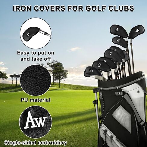 مجموعة أغطية رأس حديد الجولف من الجلد الصناعي الفاخر 10 قطع، أغطية رأس نادي الجولف المتينة باللون الأسود، ملصقات مطرزة من جانب واحد غطاء نادي الجولف، مثالية لمعظم الأندية in Kuwait