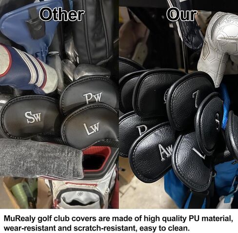 مجموعة أغطية رأس حديد الجولف من الجلد الصناعي الفاخر 10 قطع، أغطية رأس نادي الجولف المتينة باللون الأسود، ملصقات مطرزة من جانب واحد غطاء نادي الجولف، مثالية لمعظم الأندية in Kuwait