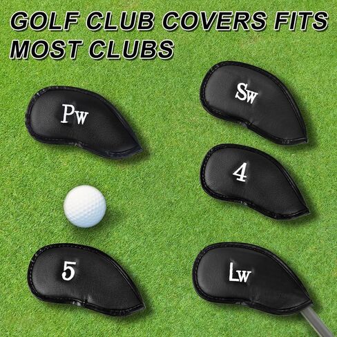 مجموعة أغطية رأس حديد الجولف من الجلد الصناعي الفاخر 10 قطع، أغطية رأس نادي الجولف المتينة باللون الأسود، ملصقات مطرزة من جانب واحد غطاء نادي الجولف، مثالية لمعظم الأندية in Kuwait
