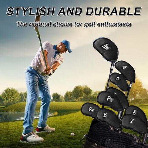 مجموعة أغطية رأس حديد الجولف من الجلد الصناعي الفاخر 10 قطع، أغطية رأس نادي الجولف المتينة باللون الأسود، ملصقات مطرزة من جانب واحد غطاء نادي الجولف، مثالية لمعظم الأندية in Kuwait