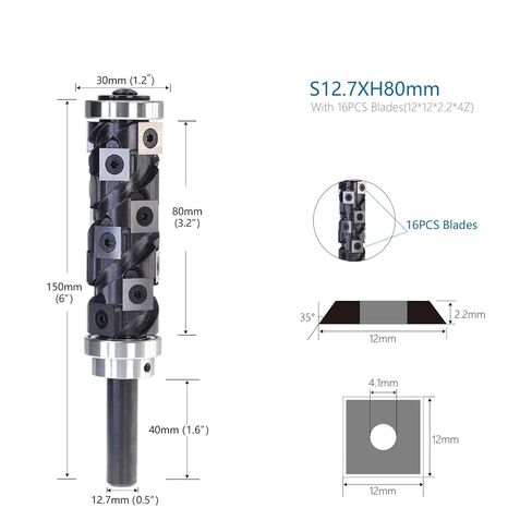 CNC 12.7mm 1/12" Shank Spiral Trimming End Mill Vertical Flush Trim Router Bit 80mm Cut Length with 12x12x2.2mm Carbide Inserts(D12.7D30H80) in Saudi Arabia