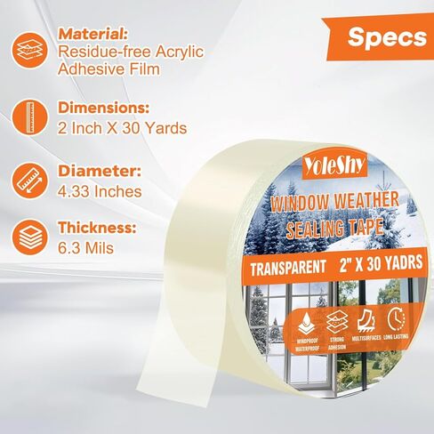 YoleShy 3 عبوات من شريط إغلاق الطقس الشفاف للنافذة مقاس 2 بوصة × 30 ياردة بدون بقايا عزل نافذة شديد التحمل لإغلاق الفجوة في فصل الشتاء البارد، إجمالي 90 ياردة نافذة مكيف الهواء in Kuwait