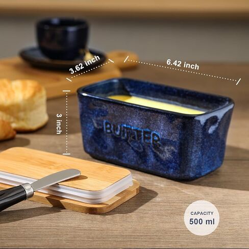 Vicrays Porcelain Airtight Lid Butter Container with Knife - Large Blue Butter Keeper Crock for Countertop in Saudi Arabia