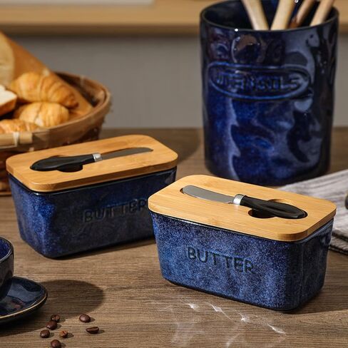 Vicrays Porcelain Airtight Lid Butter Container with Knife - Large Blue Butter Keeper Crock for Countertop in Saudi Arabia