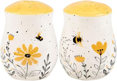 Primitives by Kathy Salt & Pepper Set - features bees buzzing over flowers with yellow accents. Shakers include unique openings to tell them apart, with plastic stoppers for easy refilling & cleaning in Saudi Arabia
