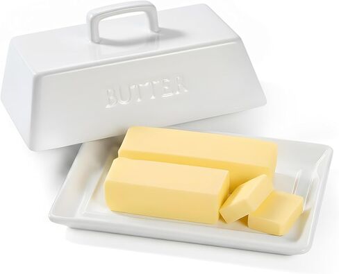 Kook Ceramic Extra Large Butter Dish with Lid, Holds 2 Sticks, Kitchen Countertop Butter Keeper, Serving Tray with Cover (White) in Kuwait
