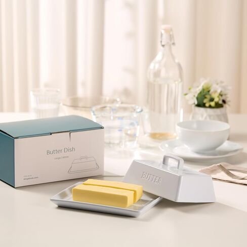 Kook Ceramic Extra Large Butter Dish with Lid, Holds 2 Sticks, Kitchen Countertop Butter Keeper, Serving Tray with Cover (White) in Kuwait
